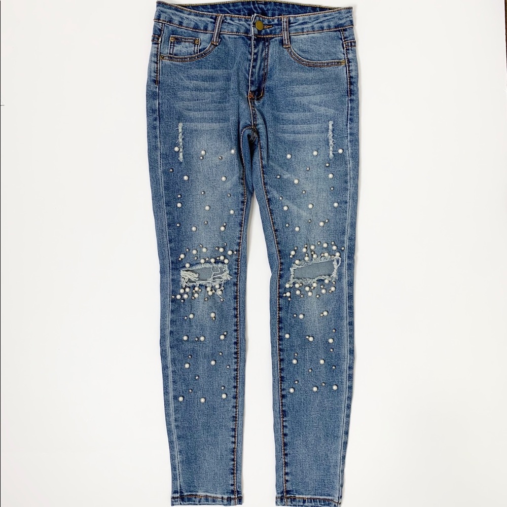 Vintage Pearl & Rhinestone Embellished Skinny Jean - Picture 2 of 6